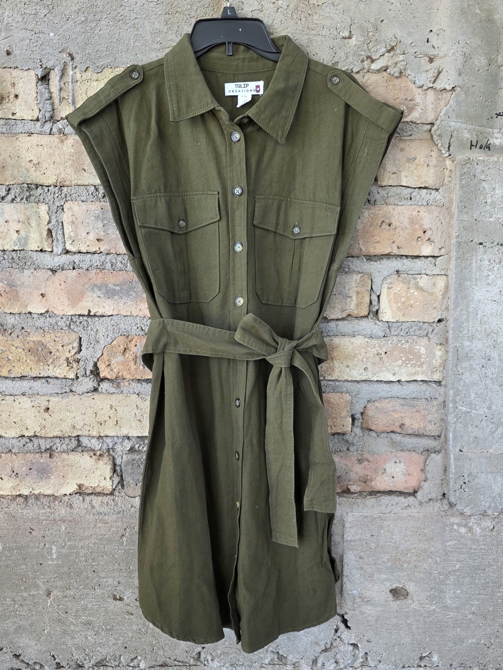 Tulip Creations Olive Green Utility Shirt Dress XL Cotton Belted